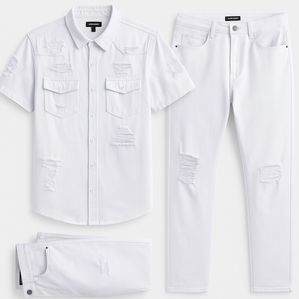 White Distressed Shirt and Jeans Set